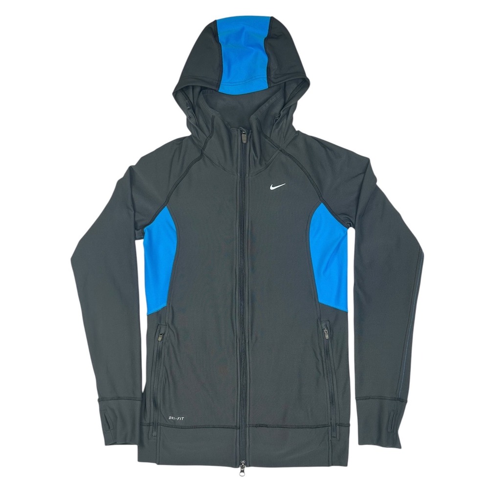 Nike Dri-FIT Full Zip Running Track Hoodie Grey Blue Excellent Small Women's